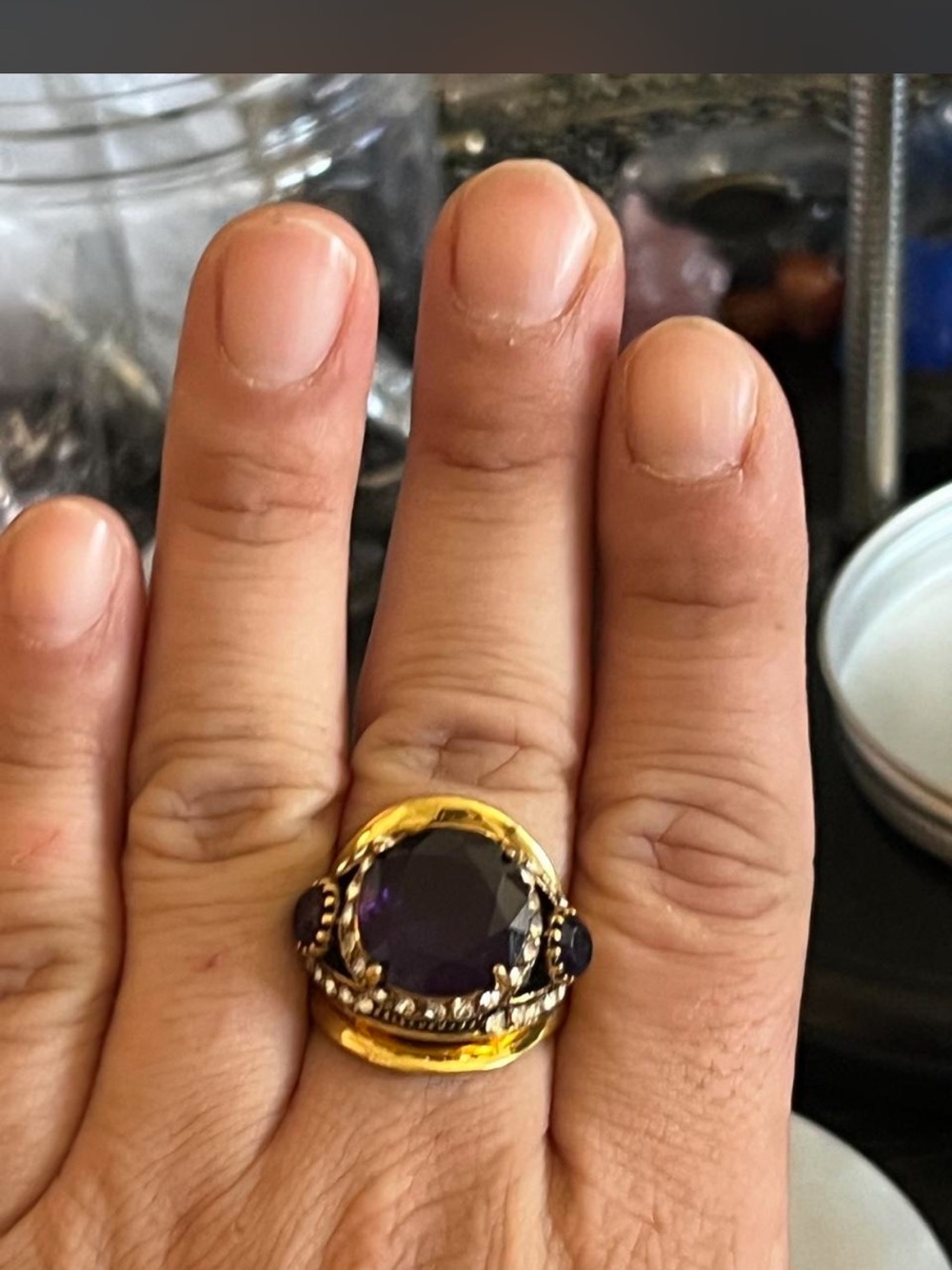 Gold-Tone Amethyst Cocktail Ring - Deep Purple Statement - Picture 8 of 8
